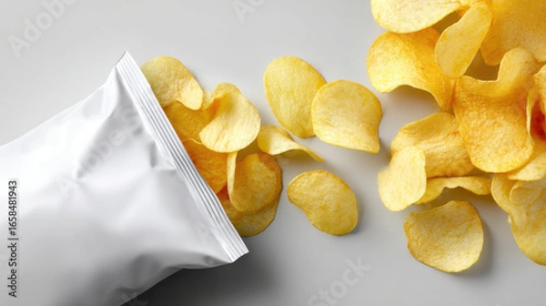 Fototapeta Crispy potato chips spilling from open white bag on light background, showcasing tempting snack scene. golden chips appear crunchy and inviting