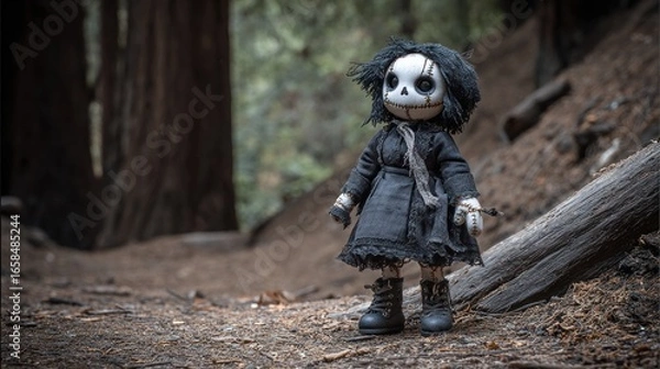 Fototapeta Dark doll figurine in forest path