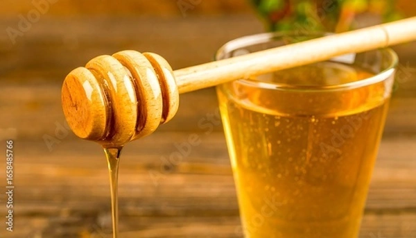 Fototapeta Honey dripping from dipper into glass