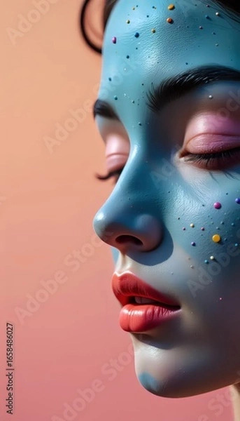 Fototapeta A close up of a woman's face covered in blue paint.