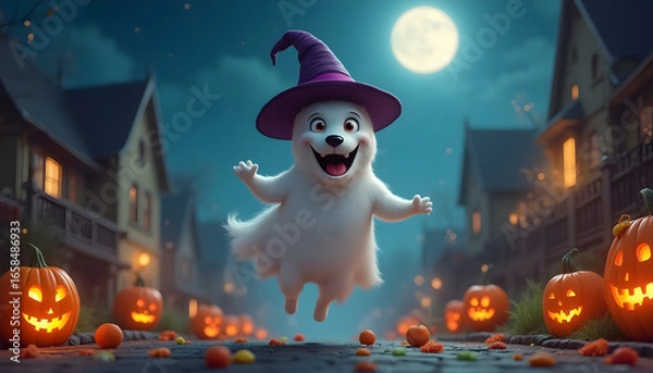Fototapeta Adorable Friendly Ghost Dog Wearing a Witch Hat Floating Through a Halloween Night with Pumpkins and a Full Moon in the Background