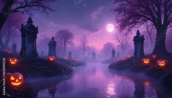 Fototapeta Enchanting Halloween Cemetery Scene Under a Starry Sky with Purple Hues and Illuminated Jack-o'-Lanterns Reflecting in a Mysterious River