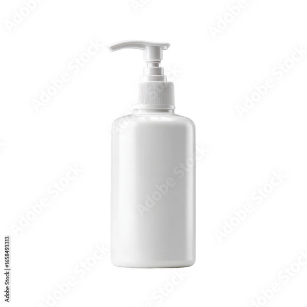 Obraz White plastic pump bottle.  Empty, blank, rectangular,  and simple.  Small dispensing pump.  Clean, pure, sanitary