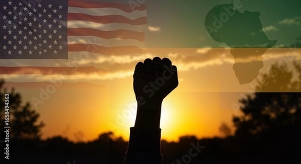 Fototapeta Raised fist in front of sunset with US and African flags background  