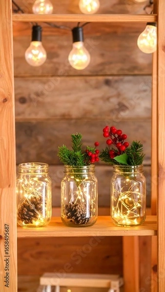 Obraz Illuminated Jars with Christmas Decorations on Wooden Shelves