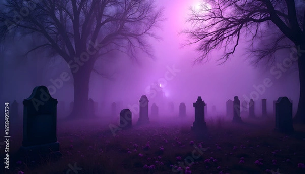 Fototapeta Spooky Halloween Night in Overcast Purple-Hued Cemetery with Eerie Fog and Dark Trees Illuminated by Soft Light