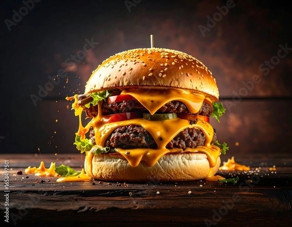 Obraz Huge cheeseburger with melted cheese
