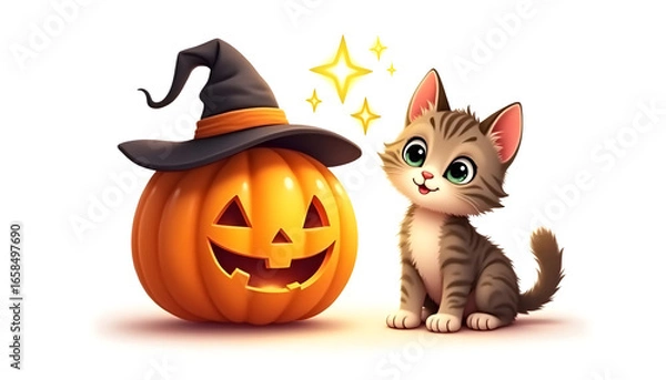 Fototapeta Whimsical scene of a carved pumpkin adorned with a witch hat beside an adorable kitten, capturing the spirit of Halloween festivities and joy