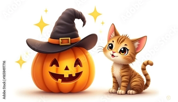 Fototapeta Whimsical Scene of a Carved Pumpkin Wearing a Hat with a Cute Kitten by its Side in a Magical Halloween Setting