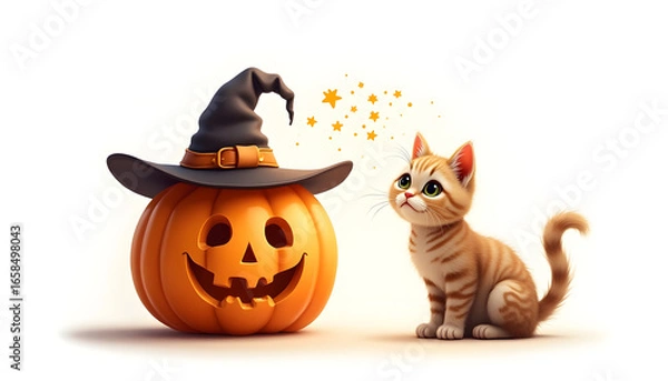 Fototapeta Whimsical Scene of a Carved Pumpkin Wearing a Witch Hat Beside an Adorable Cat with Sparkling Stars Floating Above