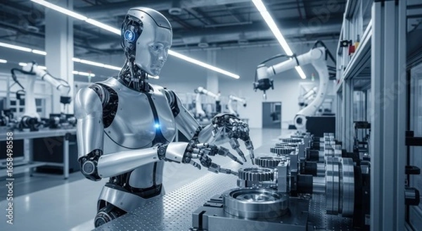 Fototapeta Robotic humanoid technician calibrating harmonicdrive gear fixtures for consistent lapping results in stateoftheart precision manufacturing hall.