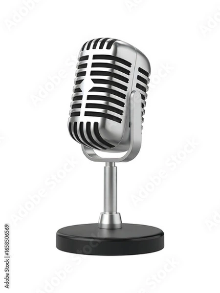Fototapeta A vintage silver microphone with a classic design, isolated on a white background, representing audio recording, music performance, and broadcast communication