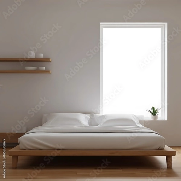 Fototapeta Minimalist Bedroom Interior with Natural Light and Wooden Accents Calm Tranquil Design Aesthetic Clean Lines and Serene Atmosphere Contemporary Living