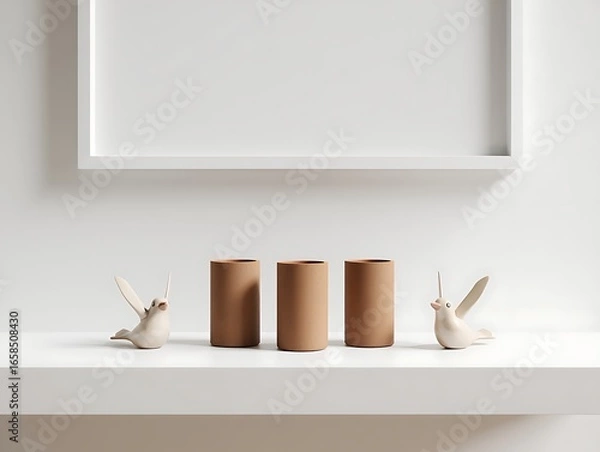 Fototapeta Minimalist Scandinavian Home Decor with Ceramic Bird Figurines and Cylindrical Vases on a White Shelf under a White Frame