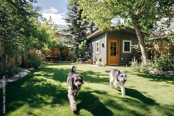 Fototapeta Two joyful dogs running on a lush green lawn in a beautifully landscaped backyard on a sunny day.