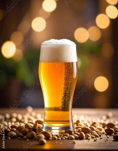 Obraz Light beer in glass, almonds on table