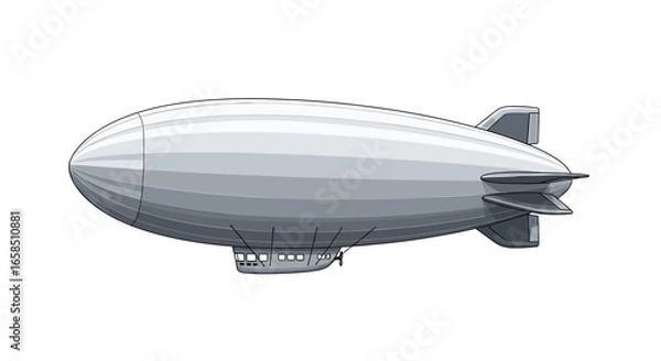 Fototapeta Illustration of a gray blimp with tail fins and a passenger gondola against a white background design view on transparent background
