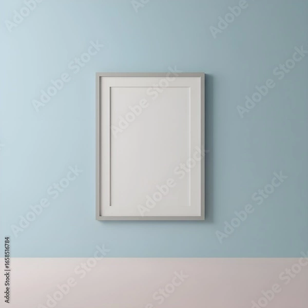 Fototapeta Solitary Blank Picture Frame Mockup on a Serene Pastel Blue and Pale Pink Wall.