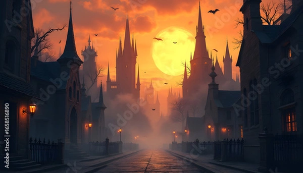 Fototapeta Enchanting Gothic Cityscape at Twilight with Intricate Details of Spires, Bats, and Full Moon Over a Mysterious Halloween Atmosphere