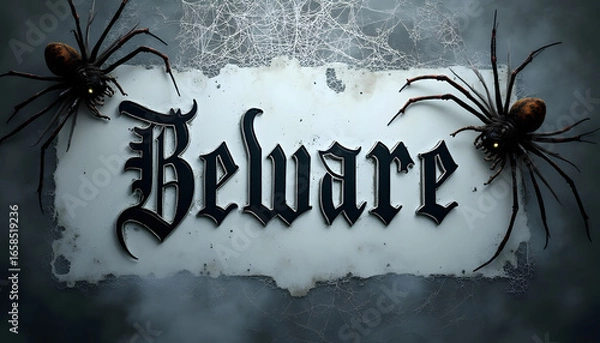 Fototapeta Dark Gothic Halloween Banner with Spiders and Webs, Moody Atmosphere Featuring a Spooky "Beware" Message for Haunting Decor