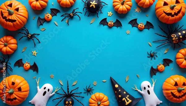 Fototapeta Colorful Halloween Party Frame with Decorations Featuring Pumpkins, Ghosts, Bats, and Spiders on a Bright Blue Background