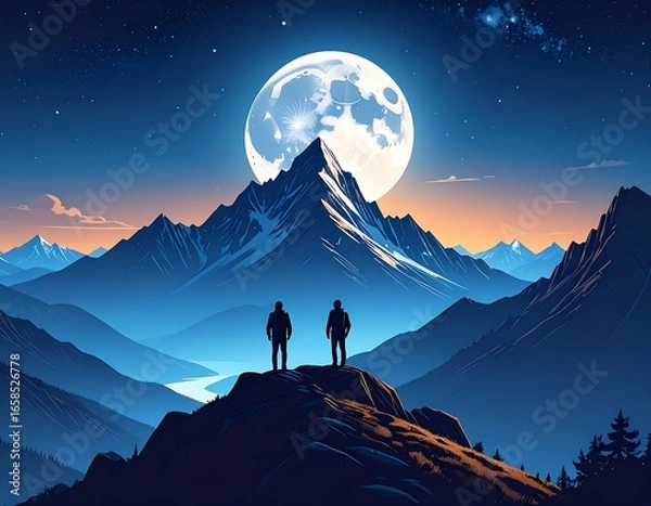 Fototapeta Two figures stand on a mountain peak at night, gazing at a full moon