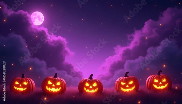Fototapeta Spooky Halloween Night with Glowing Jack-o'-lanterns and Moonlight