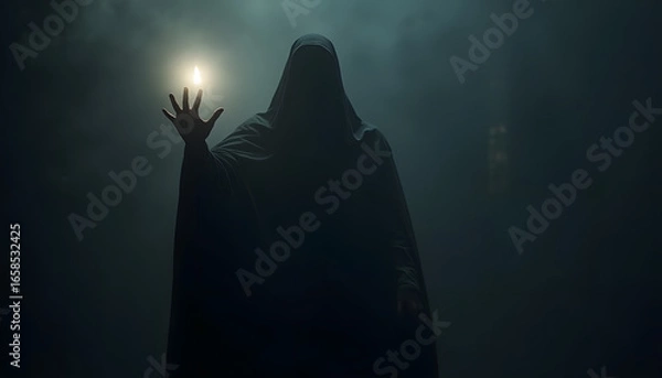 Fototapeta Mysterious Figure in Cloak Holding Light in Foggy Environment