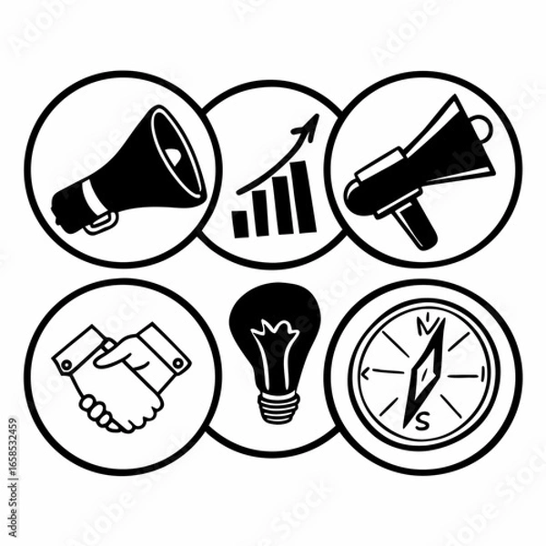 Fototapeta Illustration of business and marketing icons including megaphone, growth chart, handshake isolated on white background