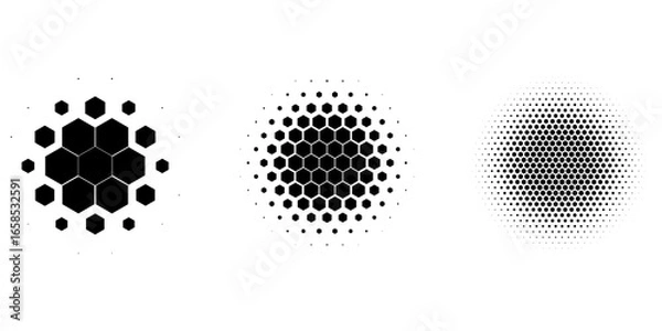 Fototapeta Set of dotted abstract shapes. Hexagonal halftone pattern. Half tone design elements in geometric tech style for logo, banner, web page, print, poster, business cards and template. Vector