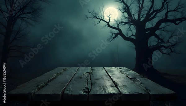 Fototapeta Spooky Night Setting with Moonlit Fog and Gnarled Tree Silhouette