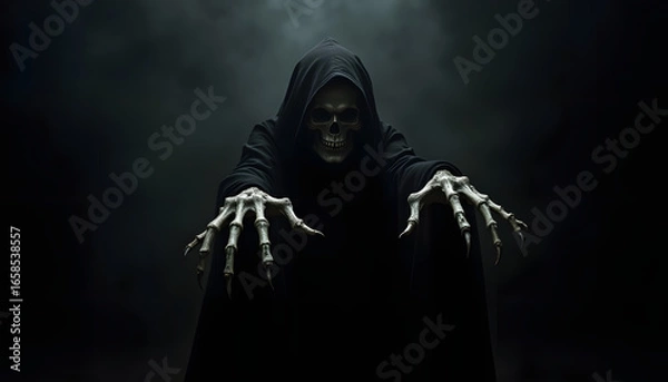 Fototapeta Mysterious Grim Reaper Figure in Dark Atmosphere with Eerie Vibes
