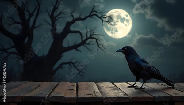 Fototapeta Mysterious Raven Silhouette Under Full Moon with Spooky Tree Background