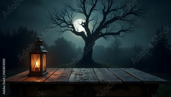 Fototapeta Lantern on Table with Eerie Tree and Full Moon in Dark Forest