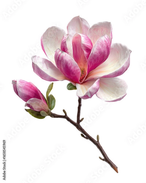 Fototapeta Close-up of a magnolia blossom with two buds.  Soft pink and white petals.  Delicate stem and leaves