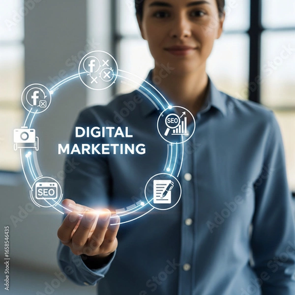 Obraz Smiling Businesswoman Presenting a Holographic Digital Marketing Interface with Social Media, SEO, and Content Icons