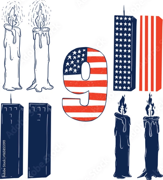 Fototapeta Hand Drawn Vector Set of Patriot Day Elements with Candle, Twin Towers, Number 9, and American Flag. September 11 Memorial Illustration in Unique Doodle Style