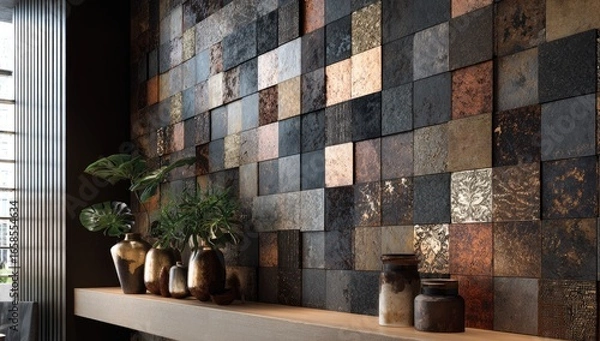 Fototapeta Modern wall tiles in a variety of dark colors and textures