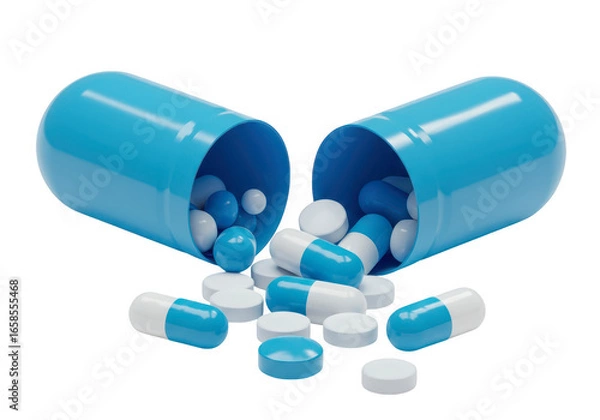 Fototapeta 3D illustration of blue pill capsule broken open with white and blue medicine spheres on transparent background