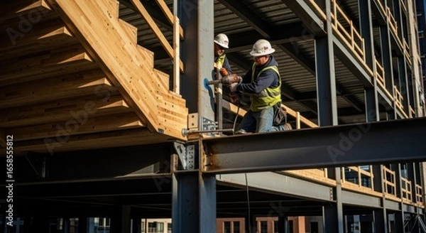 Fototapeta Workers securing the CLT staircore to a buildings steel frame showcasing hybrid construction methods combining timber and metal for stability.