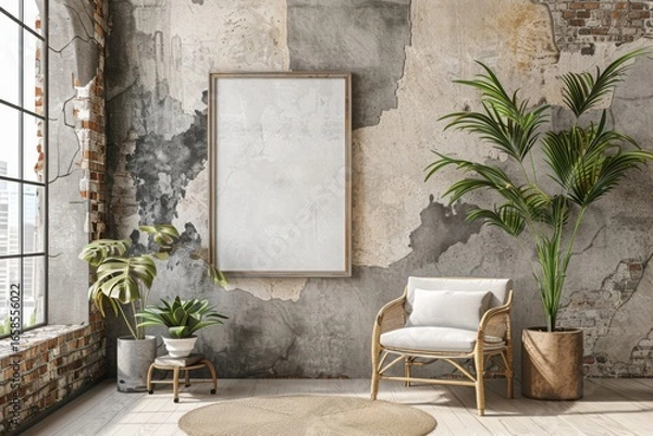 Fototapeta Mockup frame in home office interior background, mid-century modern style in loft, 3d render