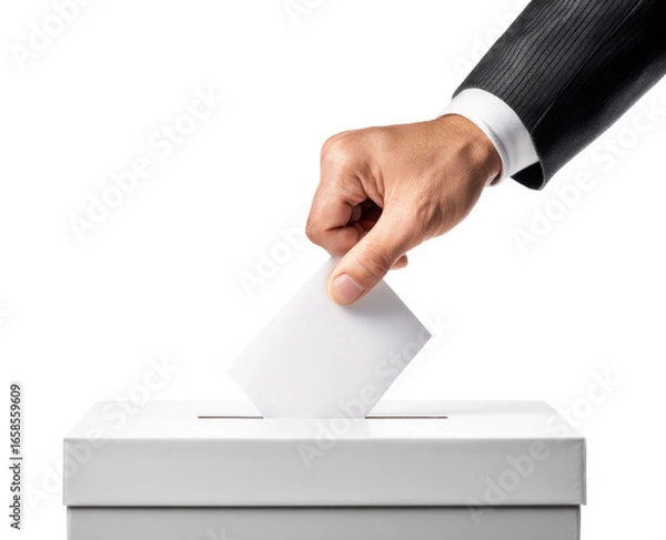 Obraz Close-up of a hand in a suit jacket inserting a white ballot into a white ballot box