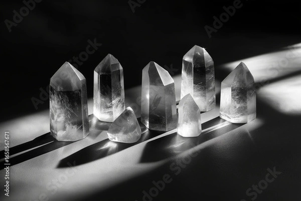 Fototapeta Crystal-clear quartz points photographed with dramatic shadows, clean monochrome background.