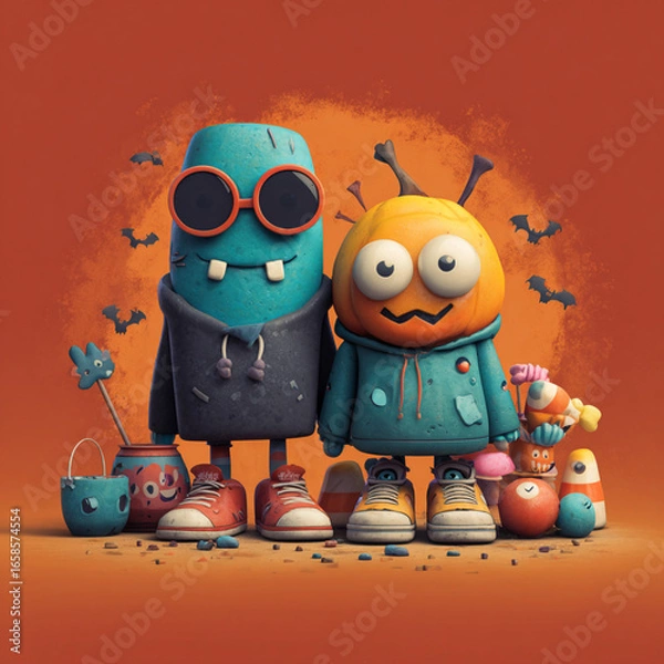 Fototapeta Colorful Cartoon Halloween Background with Playful Shapes