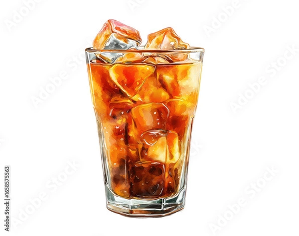 Fototapeta Iced coffee in a glass, with ice cubes.  A digital illustration, showcasing a refreshing beverage, with vibrant colors and detailed textures