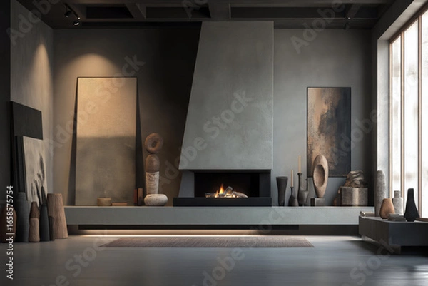 Fototapeta Artistic studio space with a minimalist modern fireplace, contemporary art objects and concrete textures.