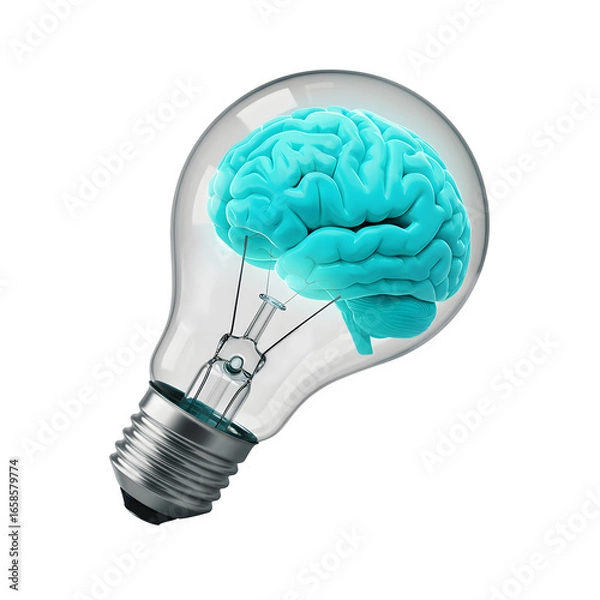 Fototapeta Creative glowing brain inside a light bulb, symbolizing innovation, intelligence, ideas, and futuristic thinking, isolated on white or transparent background. PNG