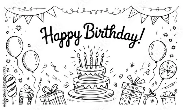 Fototapeta Birthday celebration party hand drawn items are showcased in a birthday sketch, complete with cake, kids, holiday doodle art drawing, and modern elements, along with a birthday card and gift