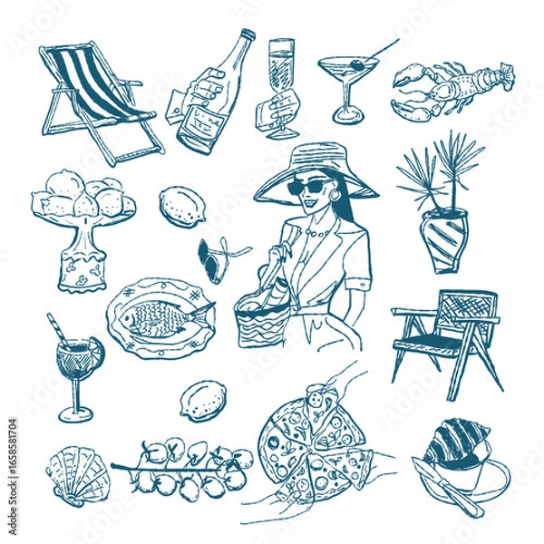 Fototapeta Dolce vita vector illustrations set. Hand drawn illustrations of italian style for invitations, menus design, cards, posters.