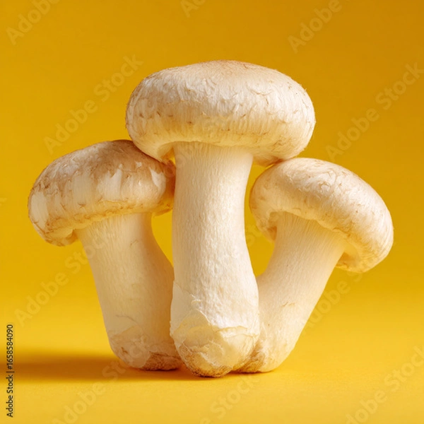 Fototapeta Three white shiitake mushrooms, isolated on a bright yellow background, minimal composition